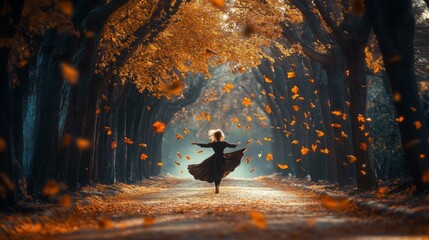 Poster - A woman in a black dress dances down a path in a forest. Autumn leaves fall around her as she spins. The sun shines through the trees, casting light on the woman and the falling leaves.
