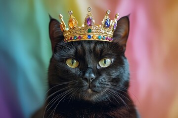 Sticker - A black cat sits proudly adorned with a colorful crown, its striking green eyes focused and alert, set against a rainbow backdrop that enhances its charming presence