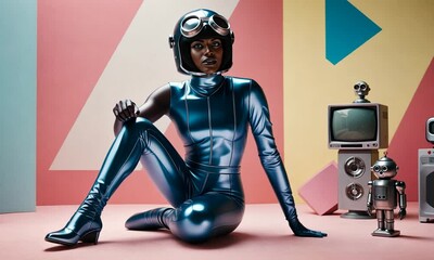 Poster - A striking model showcases a bold blue outfit, capturing the essence of retro-futurism. The backdrop bursts with color, creating an eclectic atmosphere that enchants viewers