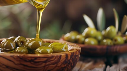 Olive oil in a bowl with olives on a wooden background