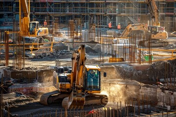 Poster - Advanced construction machinery at work on a bustling site ,Heavy construction machinery at work in a bustling city, highlighting urban development and infrastructure projects.