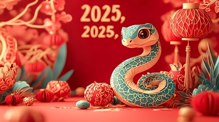 a cute paper-cut snake mascot playing around 