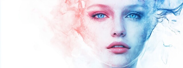 Poster - a colorful and ethereal portrait of a woman with striking blue eyes surrounded by vibrant smoke effe