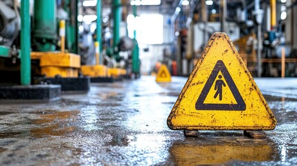 Yellow warning sign on a wet floor in an industrial setting, indicating caution for pedestrians due to potential safety hazards.