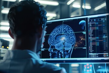 Poster - ai algorithm studying a 3d brain scan , a man gazes intently at a computer screen displaying a brain