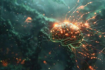 Poster - ai brain interface with neural connections ,a brain situated in a wooded area, surrounded by glowing