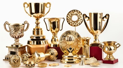 Golden Awards: Gold-plated trophies, medals and awards are symbols of achievement and success set against a white background.