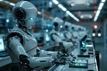 Poster - ai robots working in a futuristic it lab ,a robot in a factory setting, diligently working on a comp