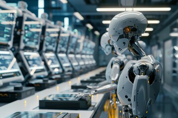 Poster - ai robots working in a futuristic it lab,a factory robot operating a computer, illustrating the inte