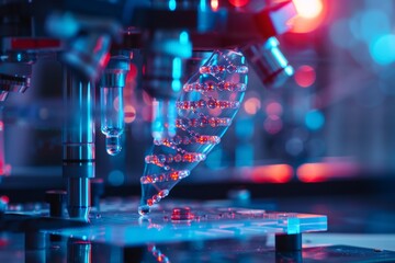 Poster - ai-driven bioengineering experiment ,a microscope focused on a cell, highlighting the intricate deta