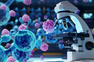 Poster - ai-enabled microscope able to detect cancer cells ,a microscope positioned next to pink cells, showc