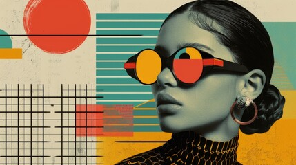 Retro futuristic poster with 80s and 90s high fashion aesthetic. Grunge noise Creative Mixed media collage. Stylish vintage backdrop, grunge graphic design style.