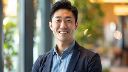 Sticker - Smiling Asian man in a suit, standing in a modern office setting