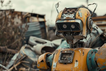 An abandoned robot in a junkyard ,A robot stands in front of a substantial pile of rubble, illustrating the theme of recovery in a post-disaster environment.