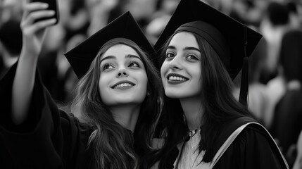 Two graduates celebrate their achievement by taking selfies during a graduation ceremony at an outdoor venue