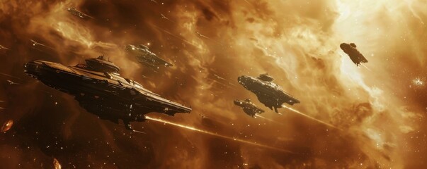Wall Mural - epic confrontation of alien fleets amid shimmering cosmic dust clouds, 4k hyperrealistic photo