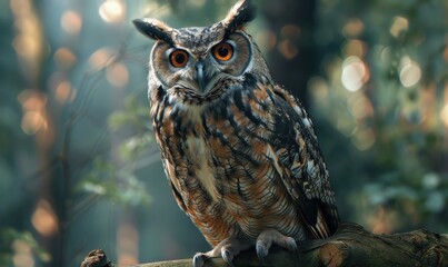 Majestic owl perched on a branch, 4K hyperrealistic photo