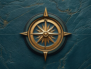 a compass rose with a golden center and a black background. The compass rose is detailed with gold lines and symbols.