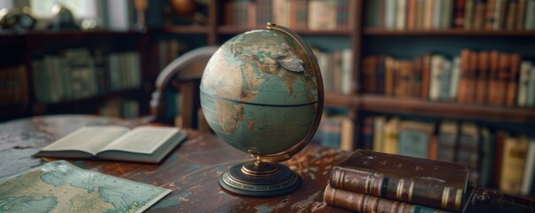 Globe on the study desk, 4K hyperrealistic photo