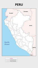 Poster - Peru Map. Political map of Peru with state border in outline. Political map of Peru with outline and neighbouring countries.