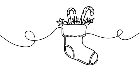 Wall Mural - Continuous one line of hanging christmas sock in silhouette on a white background