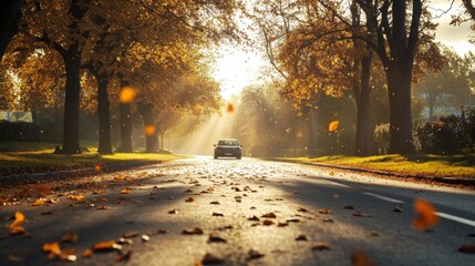 Poster - A single car drives down a paved road. The road is lined with trees with orange and yellow leaves on the ground. The sun shines through the trees, casting a warm glow on the scene.