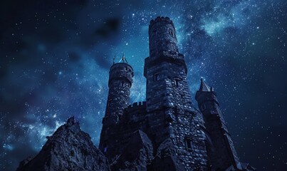 Wall Mural - mysterious wizard's tower under a starry sky, 4k hyperrealistic photo.