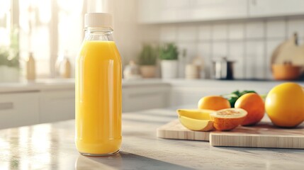 A bottle of fresh orange juice stands on a kitchen counter next to whole oranges and a cutting board, bathed in warm sunlight.