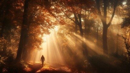 Poster - A lone figure meanders through an enchanting forest adorned with vibrant autumn leaves, as gentle rays of sunlight filter through the tall trees, creating a serene atmosphere filled with warmth.
