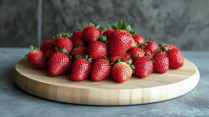 Fresh strawberries and berry stems neatly arranged on a round wooden cutting board, ready for cake-making in a modern workshop.