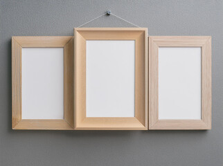 Nails hold three blank wooden frames. background of grey. idea of a wall-mounted picture. mock-up