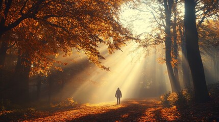 Poster - A person strolls along a path covered in golden leaves, surrounded by tall trees. Soft sunlight filters through the branches, creating a warm and inviting atmosphere in the early morning.