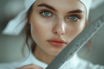 Woman with chef knife, white background, culinary skill