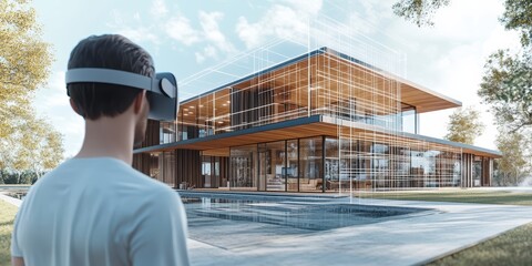 Poster - architect designing a luxury villa on a virtual platform, integrating sustainable materials and open
