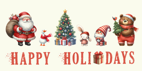 Wall Mural - Happy Holidays watercolor Christmas banner. Christmas tree, Santa Claus, bear.