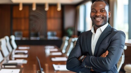 Poster - Confident African American Businessman in a Suit Standing in a Boardroom