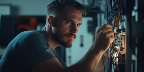 Poster - electrician upgrading the wiring in a smart home, ensuring everything is connected to a central cont