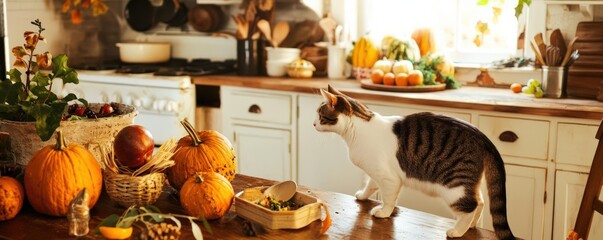 Cat exploring a cozy kitchen with pumpkins on the table, warm autumn ambiance.