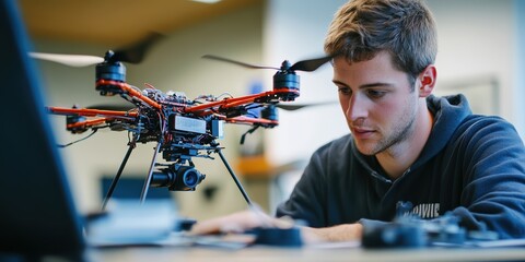 Poster - Engineer designing a custom-built drone, working on aerodynamics and integrating sensors.