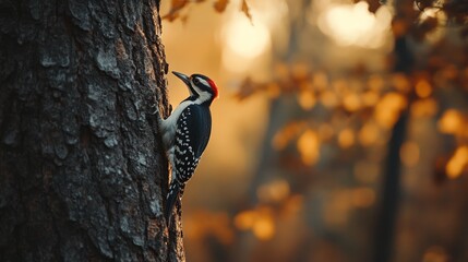 Wall Mural - A woodpecker perched on a tree trunk in a forest, with a soft, golden light filtering through the leaves.