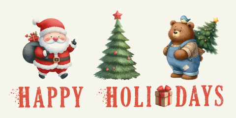 Wall Mural - Happy Holidays watercolor Christmas banner. Christmas tree, Santa Claus, bear.