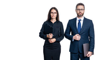 professional business leader with manager. successful businesspeople. business coworkers isolated on white. two businesspeople in formal suit. ambitious businesspeople support. known in the business