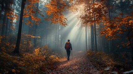 Poster - A solitary hiker walks along a serene forest trail, surrounded by vibrant autumn foliage. Sunlight filters through the trees, creating a magical atmosphere on a tranquil morning.