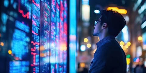 Poster - investor reviewing stock market performance, large screens showing real-time stock tickers and chart