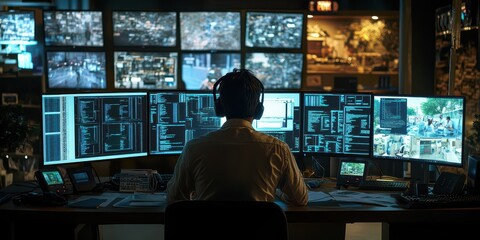 Poster - IT Security Specialist Monitoring Network Activity Across Multiple Screens and Interfaces