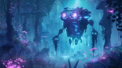 Poster - A Futuristic Machine Surrounded by Bioluminescent Flowers in a Mystic Forest