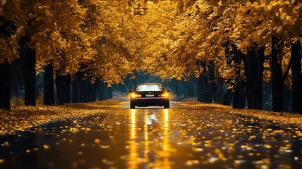 Poster - As evening settles, a car navigates a glossy road drenched by rain, surrounded by vibrant golden trees showcasing autumn's splendor. The tranquil atmosphere is enriched by a soft, muted glow.