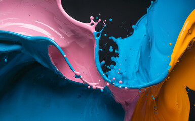 A dynamic interplay of vibrant colors against a dark background. There are swirling patterns of blue, pink, and yellow paint, with droplets and splashes creating a sense of motion. 