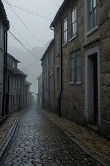  Misty Coastal Village Street – Cobblestone Path in an Isolated, Foggy Landscape