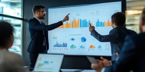Poster - team leader reviewing performance metrics with employees, using data visualizations on a large scree